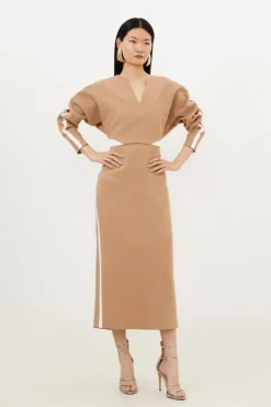 Petite Compact Stretch Contrast Panel Tailored Midi Dress