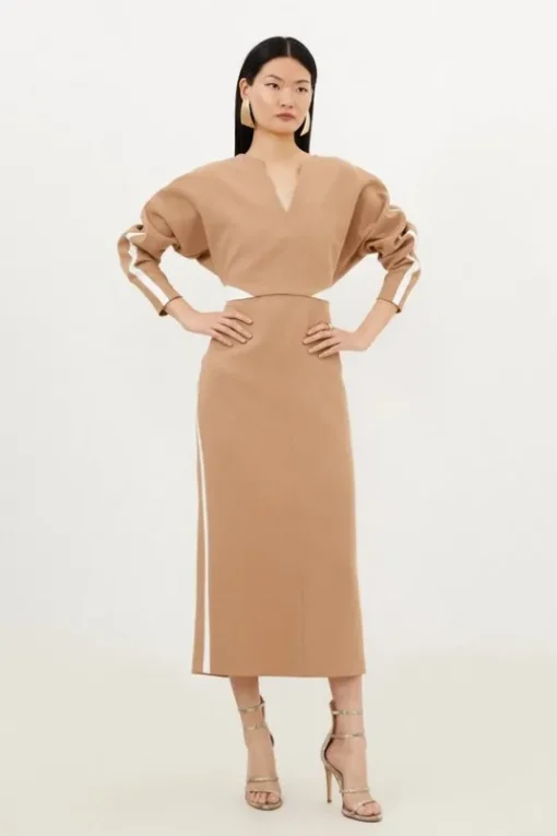 Petite Compact Stretch Contrast Panel Tailored Midi Dress