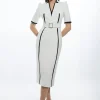 Petite Compact Stretch Contrast Tipped Forever Belted Tailored Midi Dress