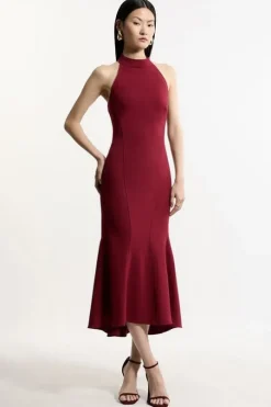 Petite Compact Stretch Essential Tailored High Neck Dip Hem Midi Dress