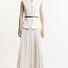 Petite Compact Stretch Fluid Tailored Belted Pleated Full Skirt Maxi Dress