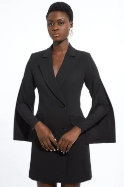 Petite Compact Stretch Mesh Detailed Midi Blazer Dress