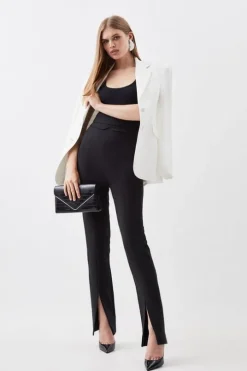 Petite Compact Stretch Tailored High Rise Split Hem Pants