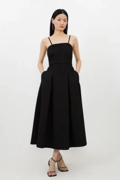 Petite Compact Stretch Tailored Bandeau Full Skirt Midi Dress