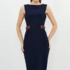 Petite Compact Stretch Tab Waist Detail Tailored Midi Dress