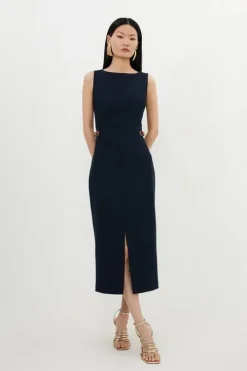 Petite Compact Stretch Tailored Pu Tab Detail Midi Dress