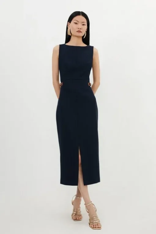 Petite Compact Stretch Tailored Pu Tab Detail Midi Dress