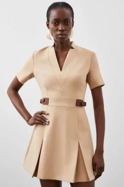 Petite Compact Stretch Tab Detail Pleated Mini Dress