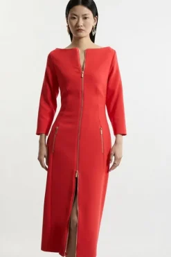 Petite Compact Stretch Tailored Long Sleeve Zip Through Maxi Dress