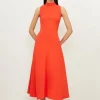 Petite Compact Stretch Viscose Tailored High Neck Tie Detail Midi Dress