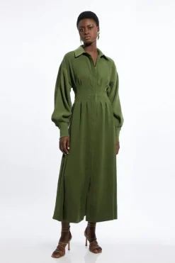 Petite Compact Stretch Viscose Long Sleeve Woven Maxi Shirt Dress