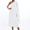 Petite Compact Stretch Viscose One Shoulder Full Skirt Dress