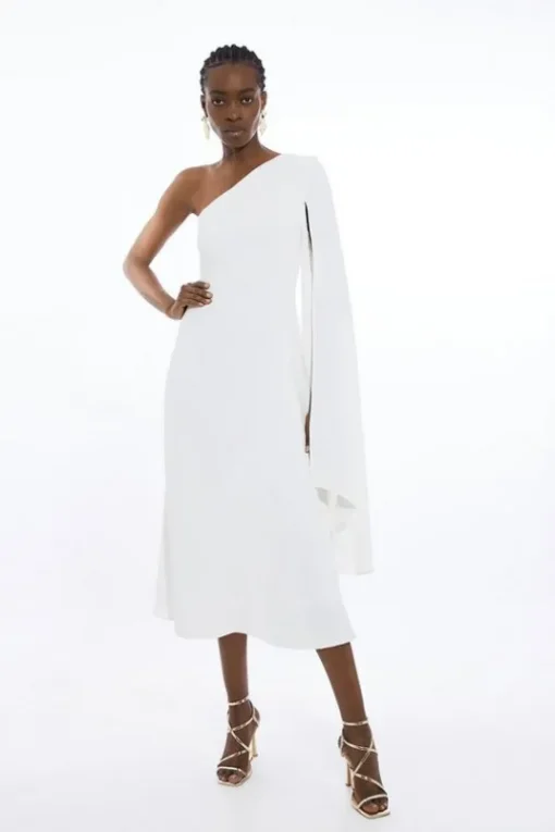 Petite Compact Stretch Viscose One Shoulder Full Skirt Dress