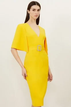 Petite Compact Stretch Viscose Cape Pencil Midi Dress