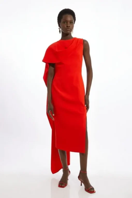 Petite Compact Stretch Viscose Asymmetric Draped Midi Dress