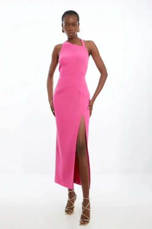 Petite Compact Stretch Viscose Embellished Asymmetric Strap Tailored Midi Dress