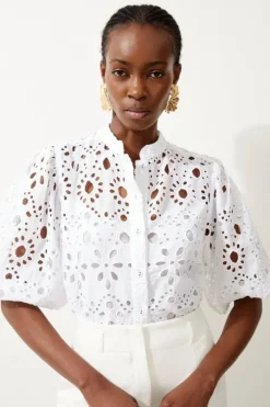 Petite Cotton Eyelet Short Sleeve Woven Blouse