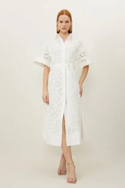 Petite Crafted Cotton Embroidery Woven Shirt Midi Dress