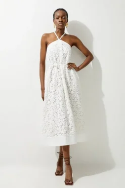 Petite Crafted Cotton Embroidery Woven Halter Midi Dress