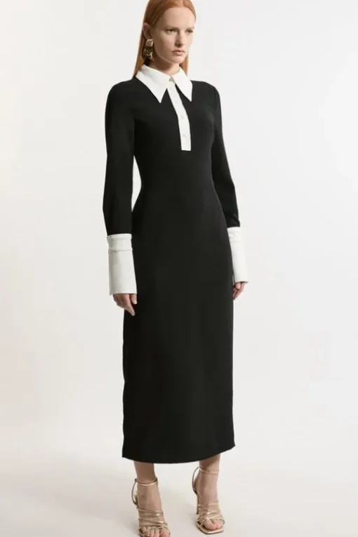 Petite Crepe Contrast Collar Midaxi Dress