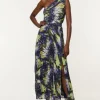 Petite Crinkle Feather Print Woven One Shoulder Maxi Dress