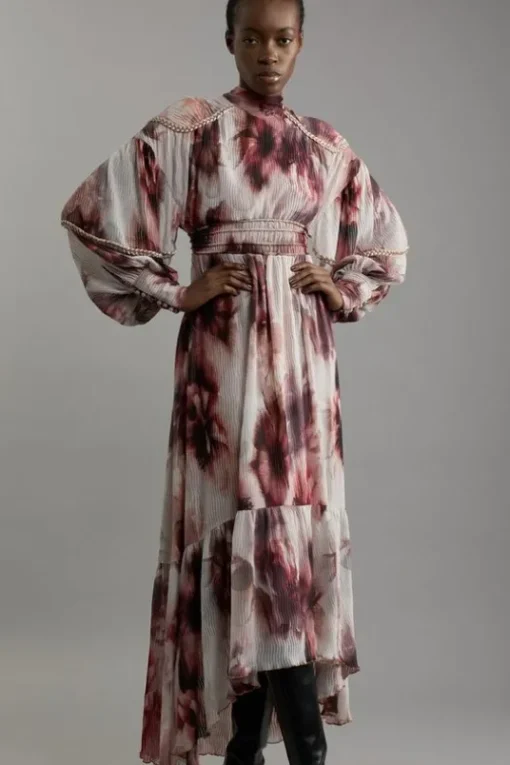 Petite Crinkle Floral Woven Midaxi Dress With Laced Back And Embellishment