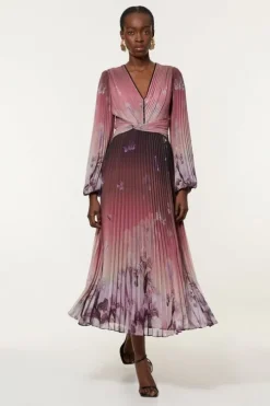 Petite Crinkle Pleat Border Floral Balloon Sleeve Woven Maxi Dress
