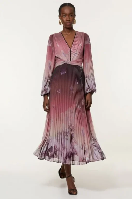 Petite Crinkle Pleat Border Floral Balloon Sleeve Woven Maxi Dress