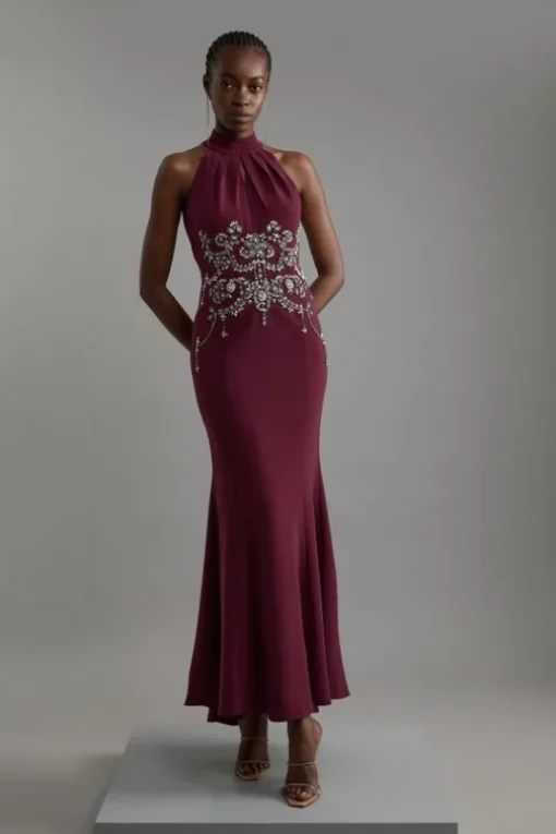 Petite Crystal Embellished Halter Maxi Dress