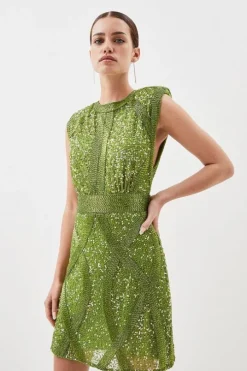 Petite Crystal Embellished Strong Shoulder Woven Mini Dress