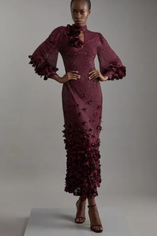 Petite Crystal Embellished Applique Woven Maxi Dress