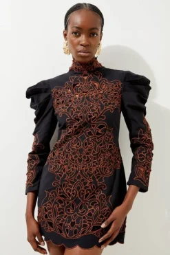 Petite Cutwork Cotton Woven Drama Sleeve Dress