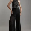 Petite Cutwork Halter Neck Pleated Wide Leg Jumpsuit