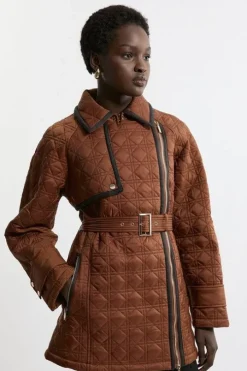 Petite Diamond Quilted Belted Short Puffer Pu Tab Trench Jacket