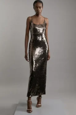 Petite Disc Sequin Strappy Woven Midi Dress