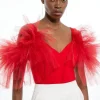 Petite Drama Ponte And Tulle Strappy Jersey Bodysuit