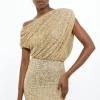 Petite Draped One Shoulder Jersey Stretch Sequin Mini Dress