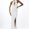 Petite Drapey Ruched Jersey Rosette Maxi Dress