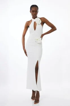 Petite Drapey Ruched Jersey Rosette Maxi Dress