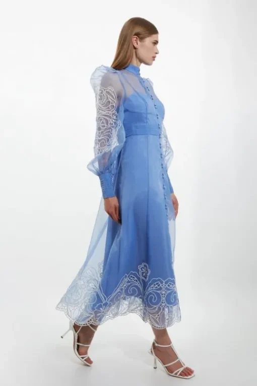 Petite Embroidered Floral Woven Button Up Maxi Dress