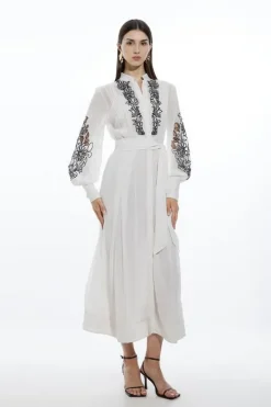 Petite Embroidery Bib Detail Woven Maxi Dress