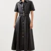 Petite Faux Leather Belted Midi Shirt Dress