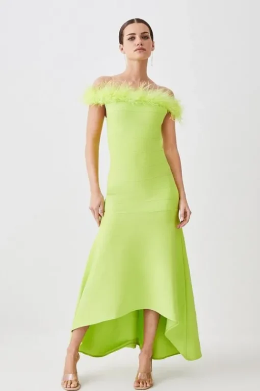 Petite Feather Detail Bandage Off The Shoulder Midaxi Dress