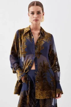 Petite Feather Devore Woven Shirt & Trouser Set
