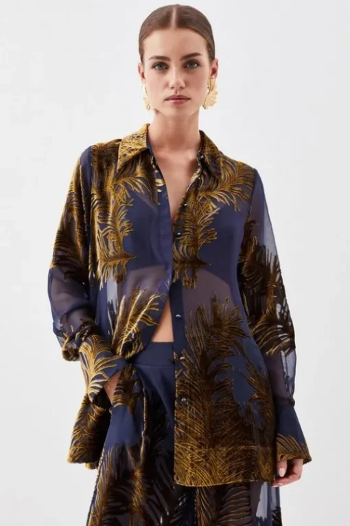 Petite Feather Devore Woven Shirt & Trouser Set
