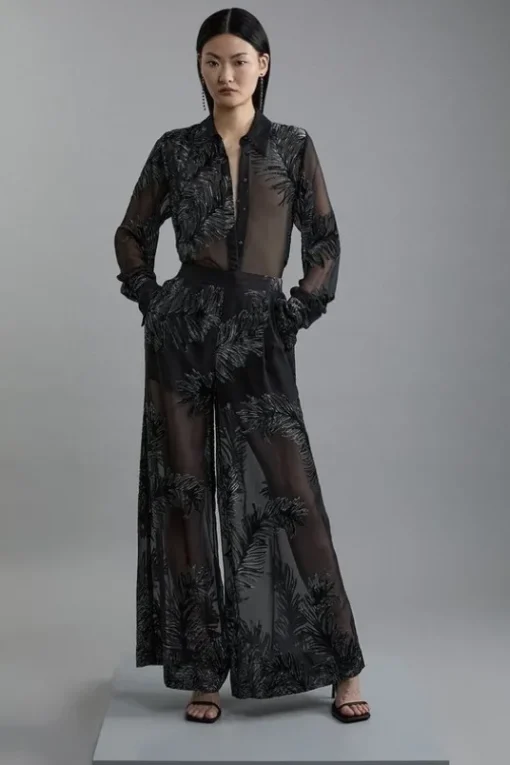 Petite Feather Devore Woven Wide Leg Pants
