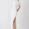 Petite Feather Off The Shoulder Stretch Crepe Maxi Dress