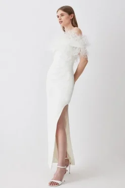 Petite Feather Off The Shoulder Stretch Crepe Maxi Dress