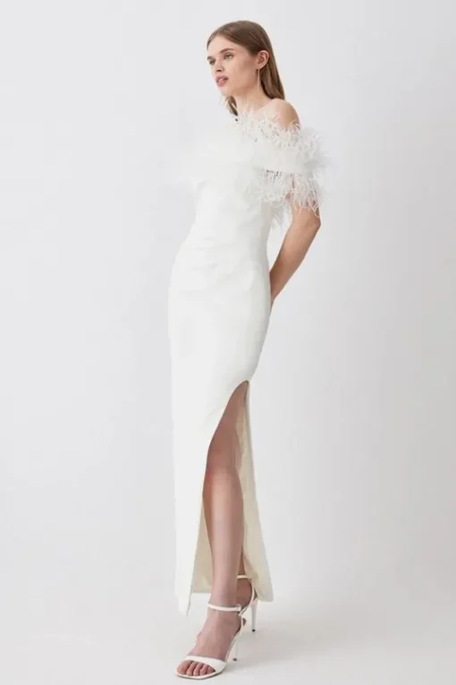 Petite Feather Off The Shoulder Stretch Crepe Maxi Dress