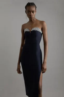 Petite Figure Form Bandage Embellished Corset Style Knit Midi Dress
